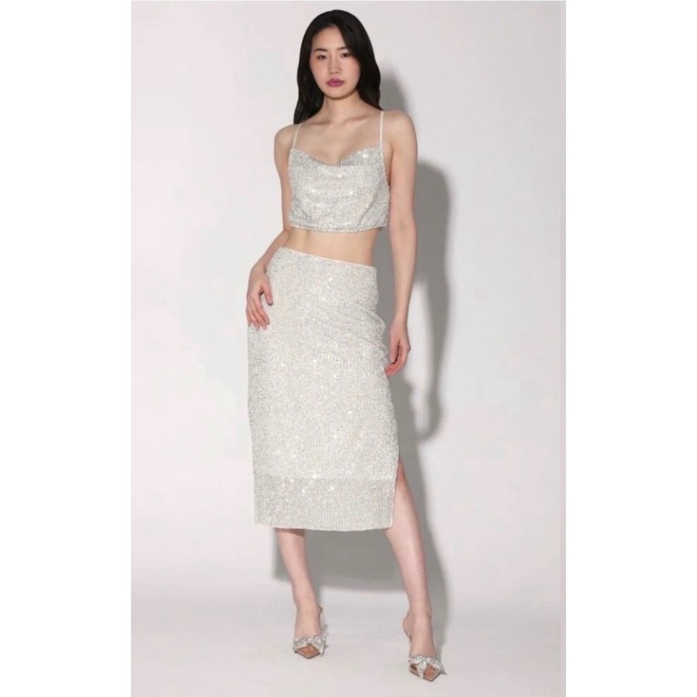 Walter Baker Silver Sequin Midi Skirt W4528 High Waisted Side Slit NWT Size 10